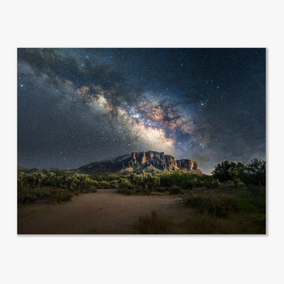Desert landscape under a starry sky with the Milky Way galaxy visible